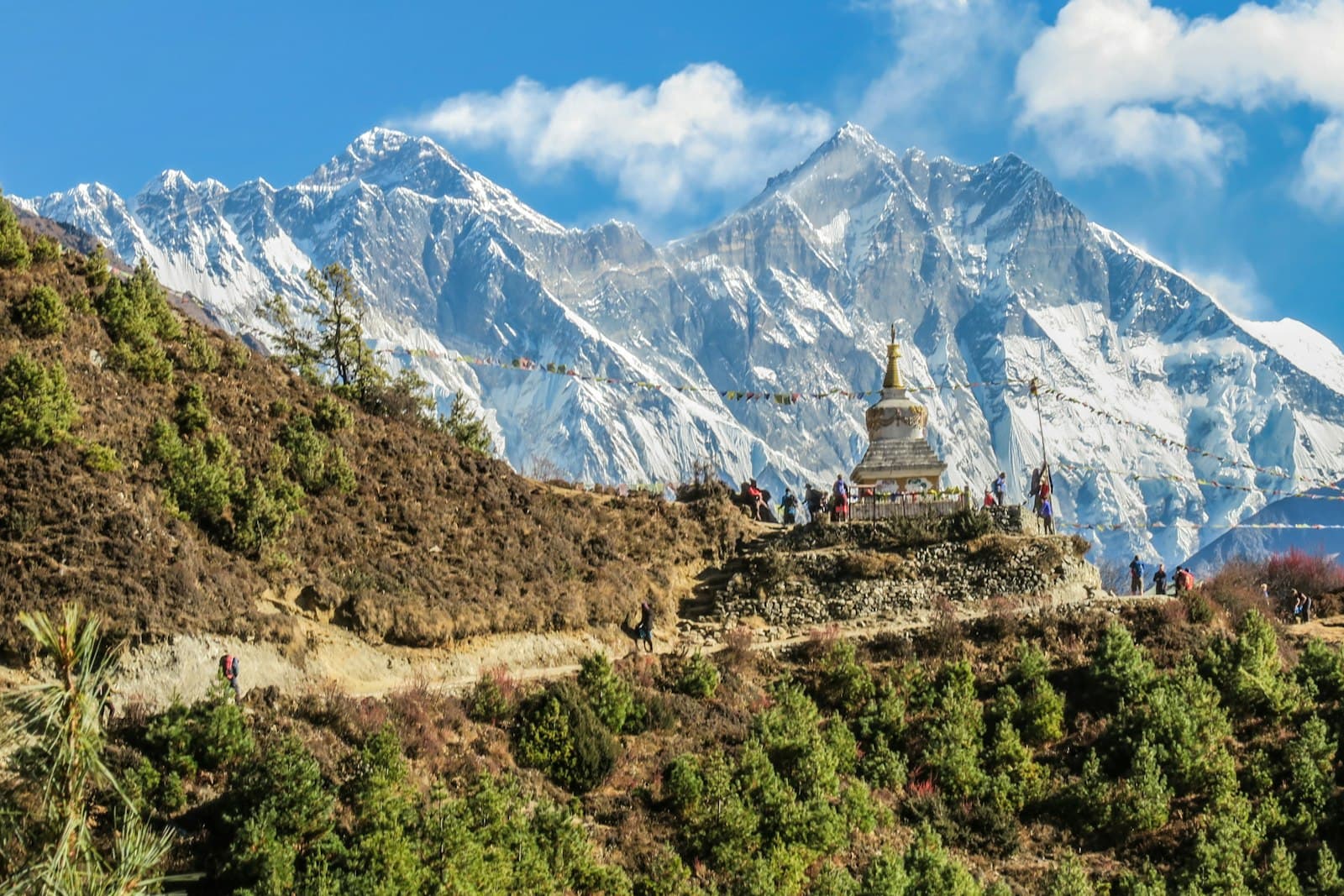 A Himalayan monastery perched above forested ridges in thin cloud.